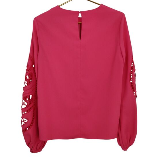 Reiss Belle Laser Cutout Blouse Size 4 Coral Pink Rose Keyhole Long Sleeve Top - Picture 8 of 12